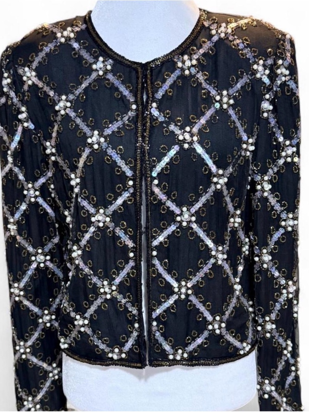 Vintage Laurence Kazar New York Beaded Sequin Silk Jacket Black Large